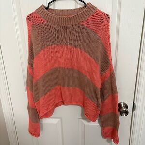Aerie Coral Pink and Tan Striped Knit Oversized Sweater